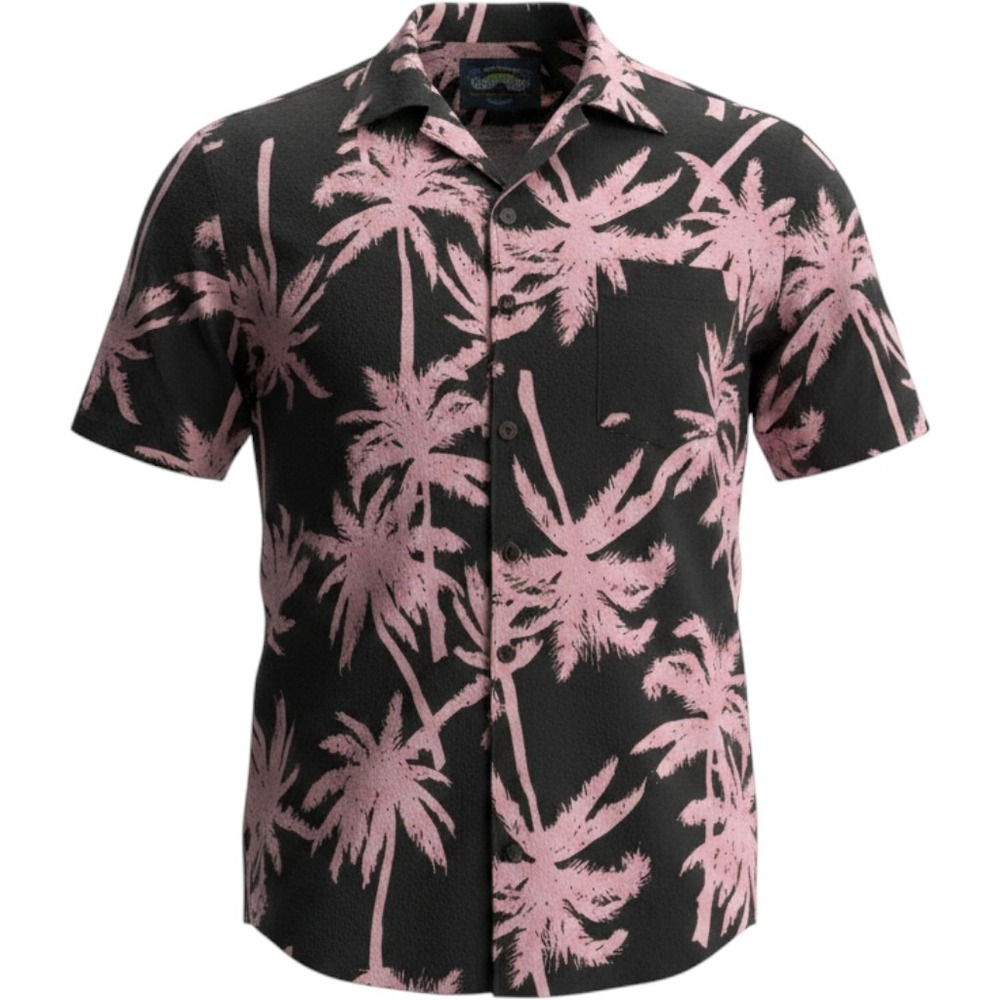 Good Vibes Drill Clothing Mens Small Pink Palm Tree Black Stretch Hawaii Shirt